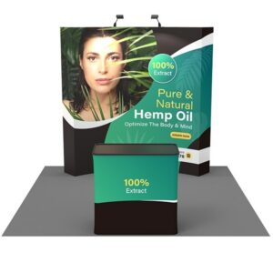 8ft Wide Curved Pop Up  Fabric  Display with Podium Counter